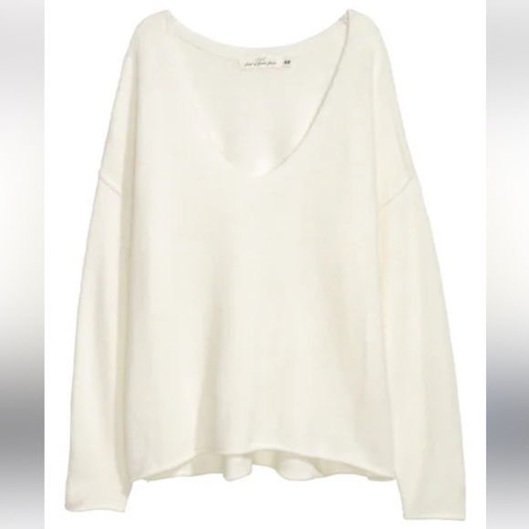 H&M SOFT WOOL BLEND FUZZY SWEATER V-NECK WHITE IVORY TUNIC SIZE XXL NWT - Picture 2 of 11